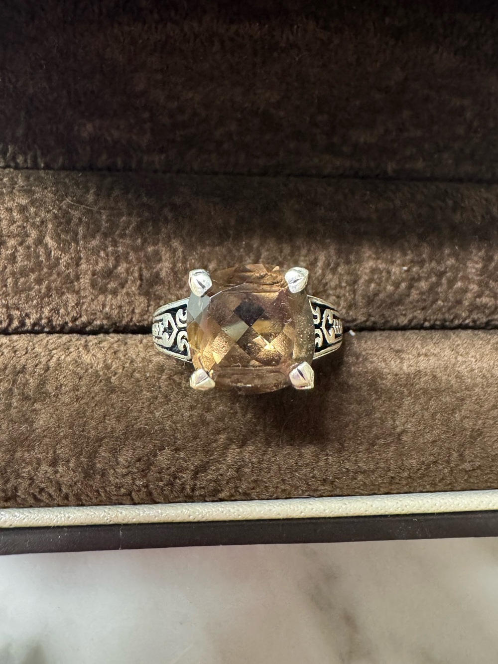 Smoky quartz cushion cut silver ring